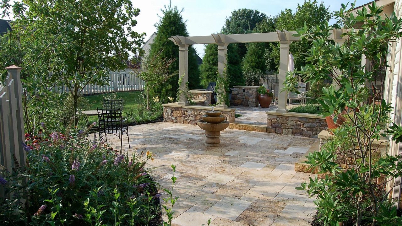 stone patio with water fountain